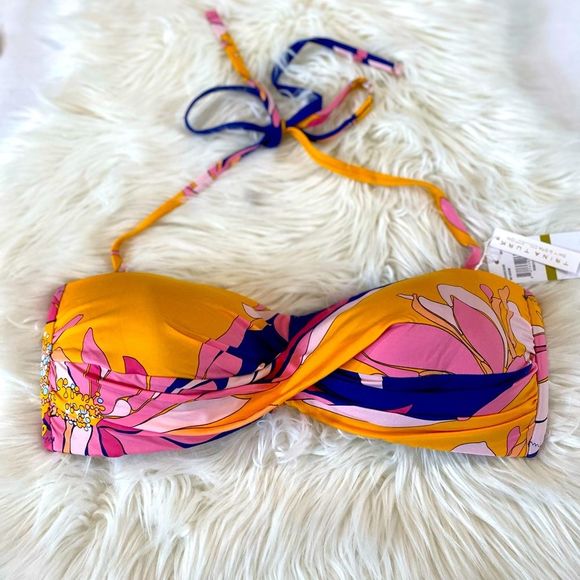 Trina Turk Breeze Multi Beach Twist-Front Bandeau Swim Bikini Top Size 14 - Picture 7 of 10
